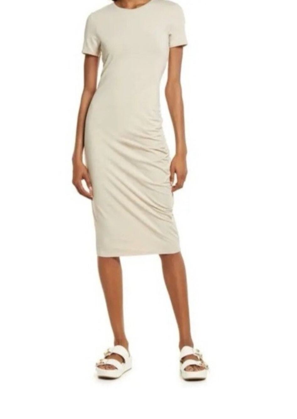 Treasure & Bond Beige Side Ruched Bodycon Midi T-Shirt Dress Women’s S classic